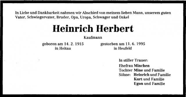 Herbert Heinrich 1915-1995 Todesanzeige
